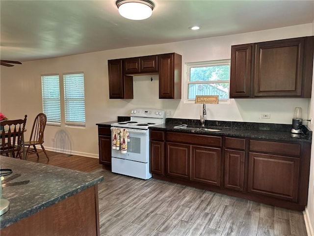 3009 N 33rd St, Kansas City, KS 66104 - kitchen with electric range, light wood-style flooring, dark brown cabinets, recessed lighting, and a ceiling fan