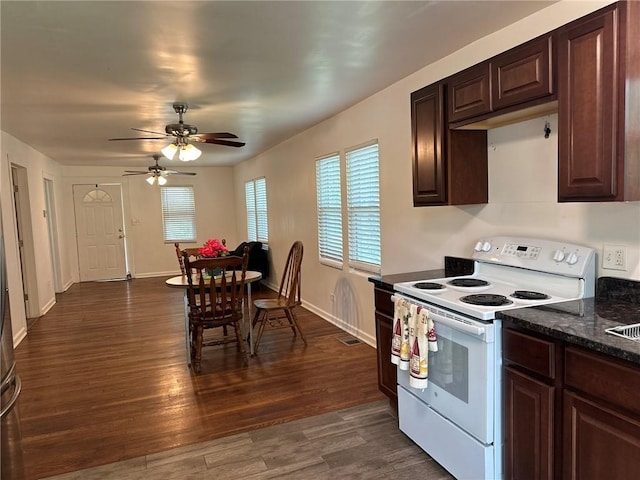 3009 N 33rd St, Kansas City, KS 66104 - kitchen with white electric range, dark brown cabinets, dark wood-type flooring, a ceiling fan, and dark stone counters