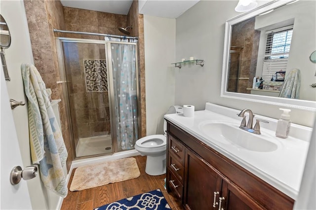 27 W Bannister Rd, Kansas City, MO 64114 - full bath featuring vanity, a shower stall, and wood finished floors