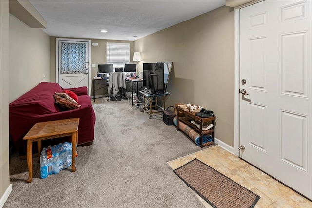 27 W Bannister Rd, Kansas City, MO 64114 - game room featuring a desk, carpet, and a textured ceiling