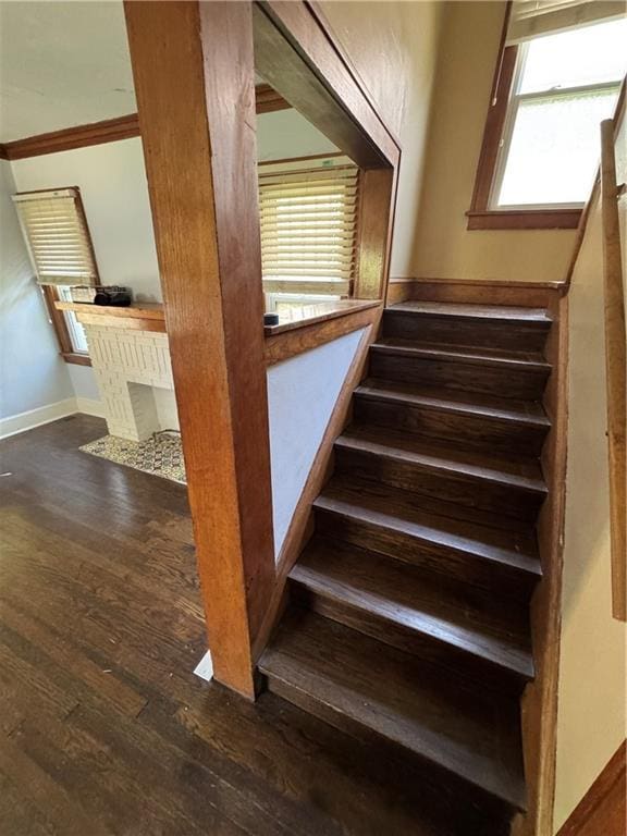5647 Wayne Ave, Kansas City, MO 64110 - staircase featuring wood finished floors and ornamental molding