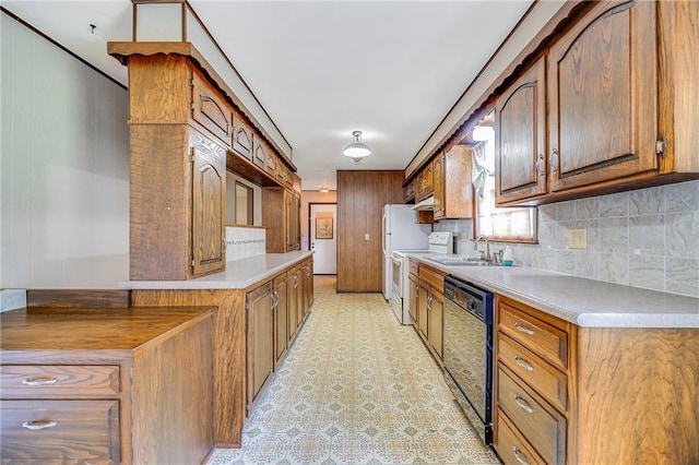 561 SW County Road O, Holden, MO 64040 - kitchen featuring stove, black dishwasher, light countertops, tasteful backsplash, and brown cabinets