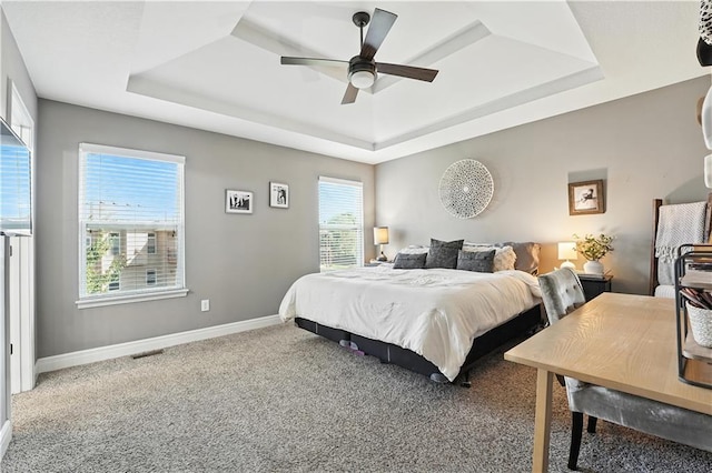 16728 Ruby Way, Basehor, KS 66007 - bedroom featuring a tray ceiling, multiple windows, carpet flooring, and ceiling fan