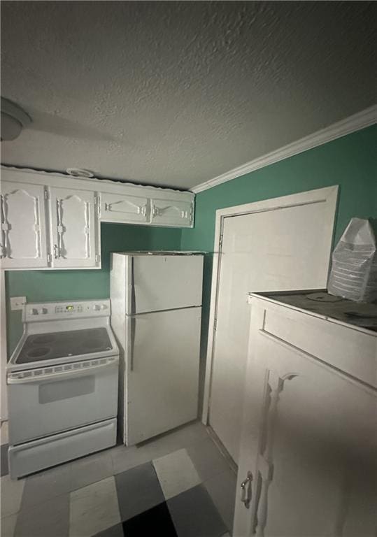 2209 E 72nd St, Kansas City, MO 64132 - kitchen featuring white appliances, ornamental molding, white cabinetry, light floors, and a textured ceiling