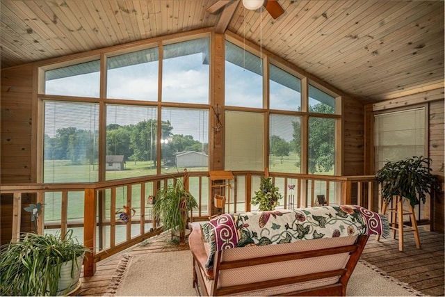 596 E 1732nd Rd, Baldwin City, KS 66006 - sunroom / solarium featuring wooden walls, lofted ceiling, and wood ceiling