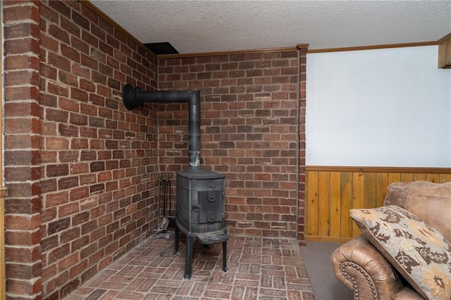 596 E 1732nd Rd, Baldwin City, KS 66006 - detailed view of a wainscoted wall, a wood stove, a textured ceiling, wood walls, and brick wall