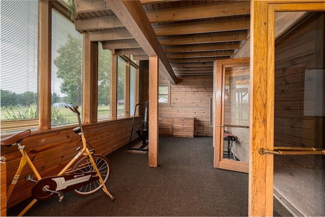596 E 1732nd Rd, Baldwin City, KS 66006 - unfurnished sunroom featuring beamed ceiling