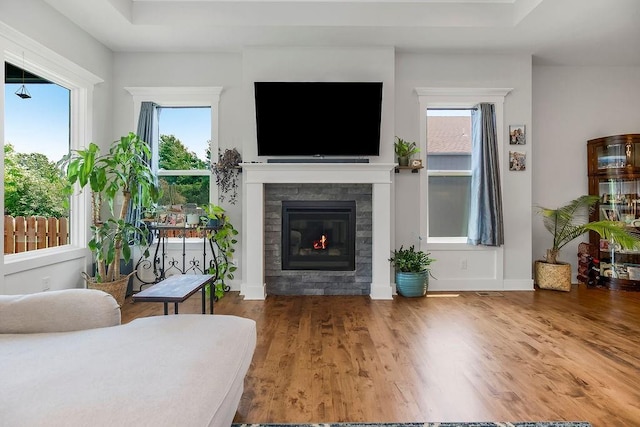 1034 SW Cheshire Dr, Lees Summit, MO 64083 - living area with wood finished floors, healthy amount of natural light, and a glass covered fireplace