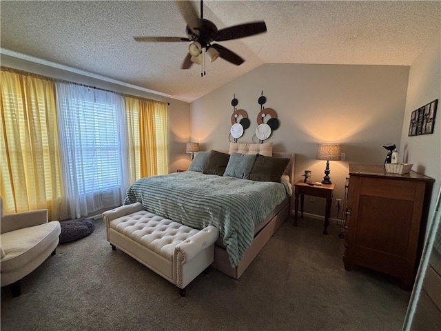 1840 W Fredrickson Cir, Olathe, KS 66061 - carpeted bedroom with a textured ceiling, vaulted ceiling, and a ceiling fan