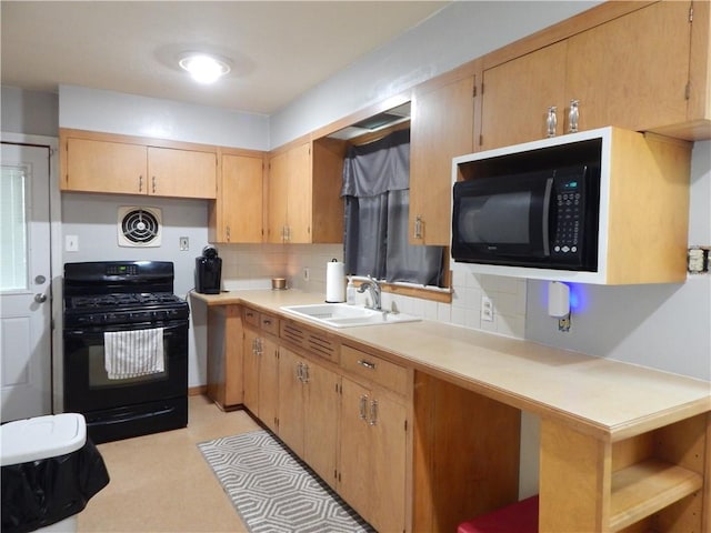 2031 Spruce St, Leavenworth, KS 66048 - kitchen featuring black appliances, tasteful backsplash, light countertops, and open shelves