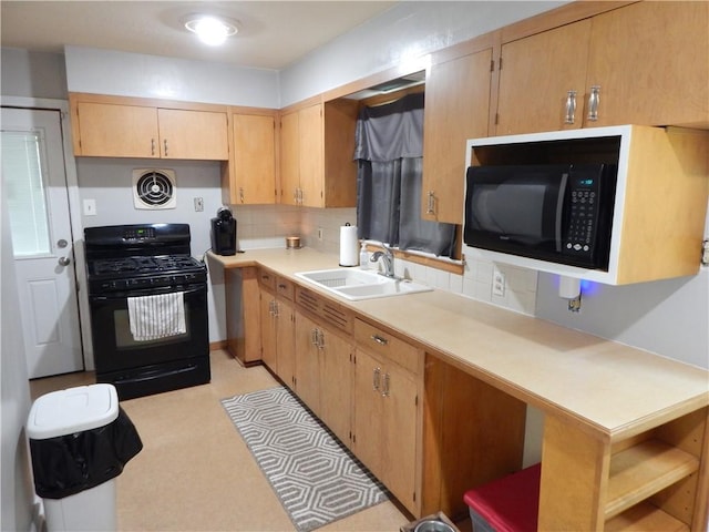 2031 Spruce St, Leavenworth, KS 66048 - kitchen featuring black appliances, backsplash, light countertops, open shelves, and light flooring