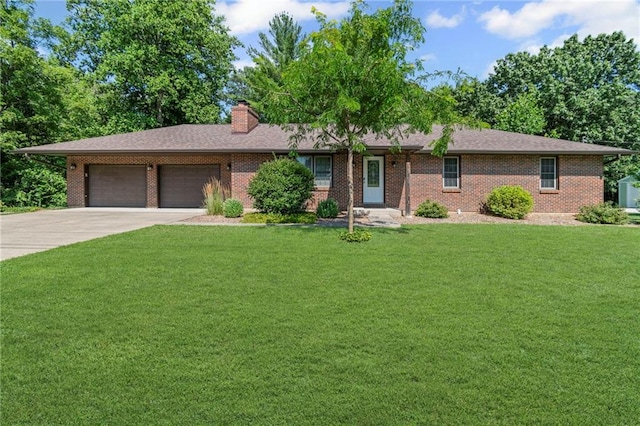 1306 Ruby St, Carrollton, MO 64633 - ranch-style house with a garage, concrete driveway, a front lawn, a chimney, and brick siding