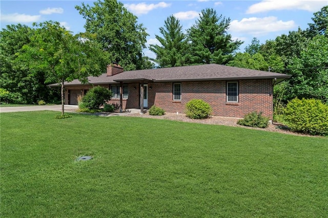 1306 Ruby St, Carrollton, MO 64633 - single story home featuring concrete driveway, brick siding, a front yard, an attached garage, and a chimney