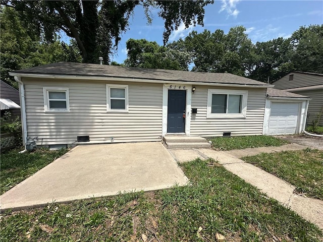 6146 Parkview Ave, Kansas City, KS 66104 - ranch-style house featuring crawl space, a patio area, a garage, and a shingled roof