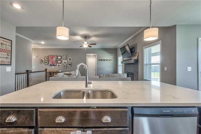 4246 Lakeview Ter, Basehor, KS 66007 - kitchen featuring stainless steel dishwasher, open floor plan, a ceiling fan, ornamental molding, and a glass covered fireplace