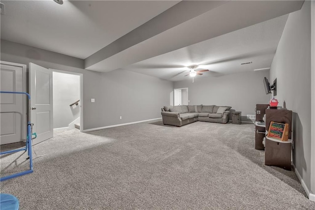 4246 Lakeview Ter, Basehor, KS 66007 - living room with carpet flooring, ceiling fan, and stairway