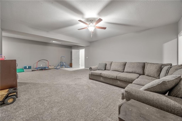 4246 Lakeview Ter, Basehor, KS 66007 - carpeted living room with a ceiling fan and a textured ceiling