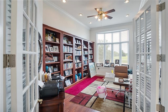 1702 Cedar Ridge Rd, Parsons, KS 67357 - office with french doors, ornamental molding, ceiling fan, wood finished floors, and recessed lighting