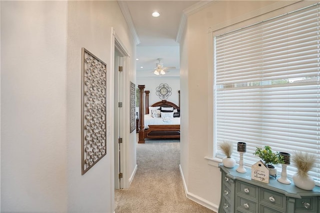 1702 Cedar Ridge Rd, Parsons, KS 67357 - hallway with ornamental molding, light carpet, and recessed lighting