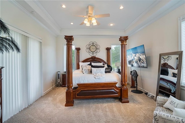 1702 Cedar Ridge Rd, Parsons, KS 67357 - bedroom with light colored carpet, crown molding, ceiling fan, and recessed lighting