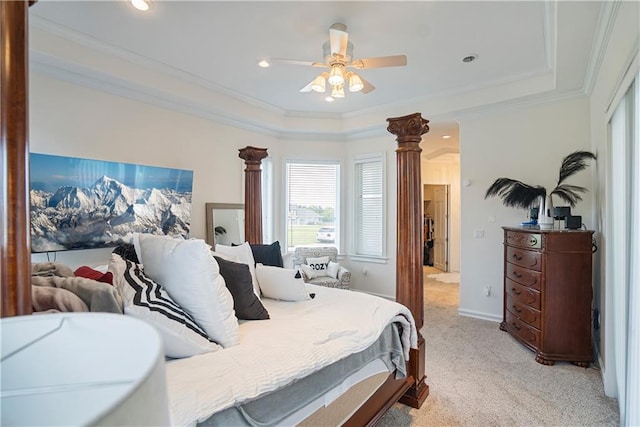 1702 Cedar Ridge Rd, Parsons, KS 67357 - bedroom with light colored carpet, ornate columns, crown molding, a ceiling fan, and recessed lighting