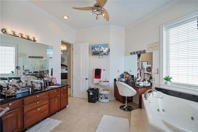 1702 Cedar Ridge Rd, Parsons, KS 67357 - full bathroom with plenty of natural light, ceiling fan, a jetted tub, crown molding, and vanity
