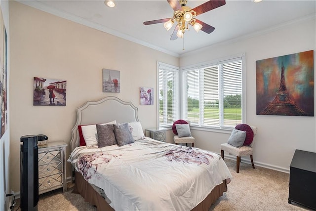 1702 Cedar Ridge Rd, Parsons, KS 67357 - carpeted bedroom featuring crown molding, recessed lighting, and a ceiling fan