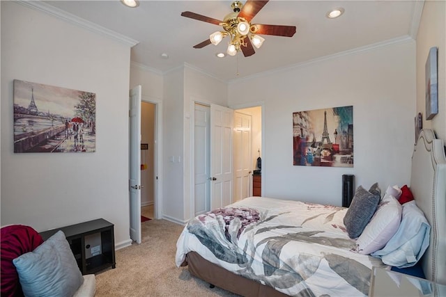 1702 Cedar Ridge Rd, Parsons, KS 67357 - bedroom with carpet, ornamental molding, recessed lighting, a ceiling fan, and a closet