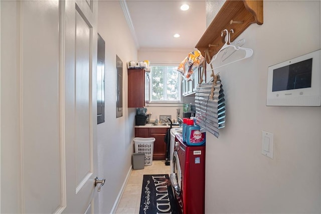 1702 Cedar Ridge Rd, Parsons, KS 67357 - corridor featuring crown molding, washer / dryer, and recessed lighting
