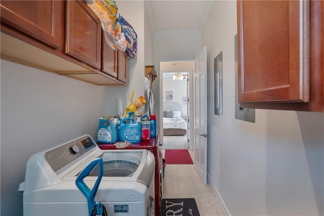 1702 Cedar Ridge Rd, Parsons, KS 67357 - laundry area with separate washer and dryer, ornamental molding, light tile patterned floors, cabinet space, and a ceiling fan