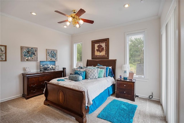 1702 Cedar Ridge Rd, Parsons, KS 67357 - bedroom with light colored carpet, crown molding, recessed lighting, and ceiling fan