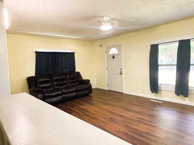 621 N 3rd St, Burlington, KS 66839 - living area featuring wood finished floors, a textured ceiling, and a ceiling fan