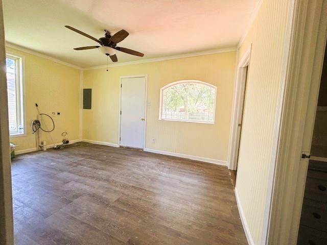 621 N 3rd St, Burlington, KS 66839 - unfurnished room featuring electric panel, dark wood-style flooring, a ceiling fan, and ornamental molding