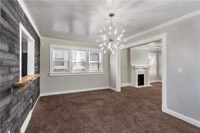 4001 Tracy Ave, Kansas City, MO 64110 - unfurnished living room featuring dark colored carpet, a chandelier, a fireplace with flush hearth, and ornamental molding