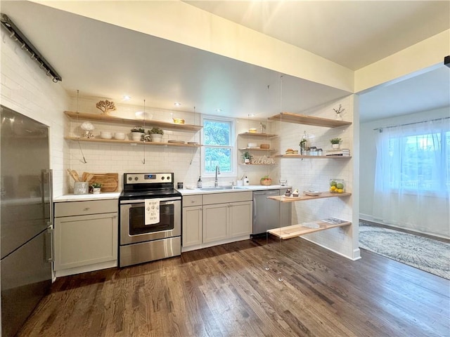 1643 Jefferson St, Kansas City, MO 64108 - kitchen with stainless steel appliances, open shelves, decorative backsplash, dark wood-type flooring, and light countertops