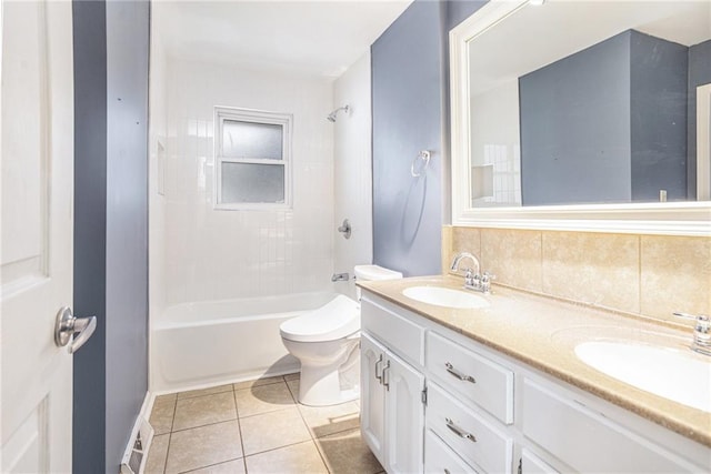 2005 Manor Pl, Blue Springs, MO 64015 - full bath with double vanity, shower / bathtub combination, tile patterned flooring, and backsplash
