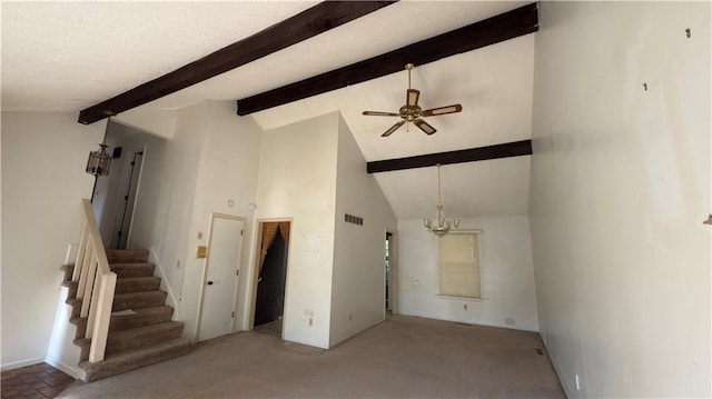 11965 W 66th St, Shawnee, KS 66216 - unfurnished living room featuring beamed ceiling, ceiling fan, high vaulted ceiling, a chandelier, and stairs