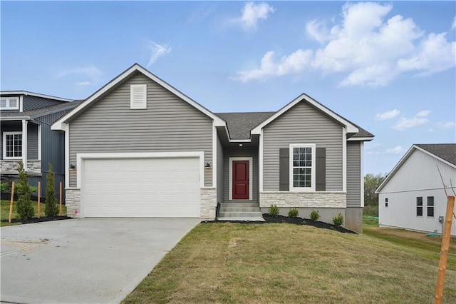 2433 NW Sunnyvale Ct, Blue Springs, MO 64015 - view of front of property with stone siding, a garage, concrete driveway, and a front lawn