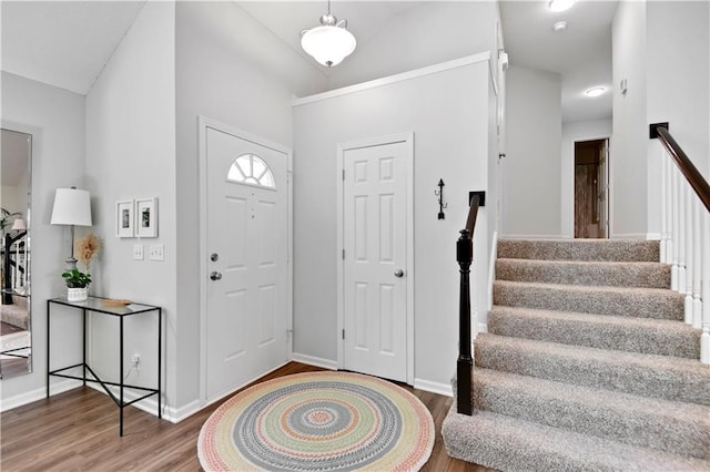 16113 S Cole St, Olathe, KS 66062 - foyer with wood finished floors, stairs, and vaulted ceiling