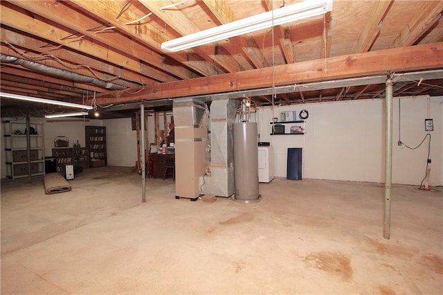 414 N Ash St, Garnett, KS 66032 - unfinished basement featuring gas water heater, heating unit, and washer / clothes dryer