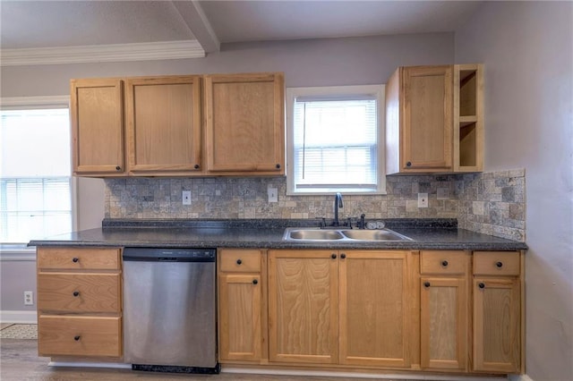 904 E 84th St, Kansas City, MO 64131 - kitchen featuring stainless steel dishwasher, backsplash, dark countertops, open shelves, and ornamental molding