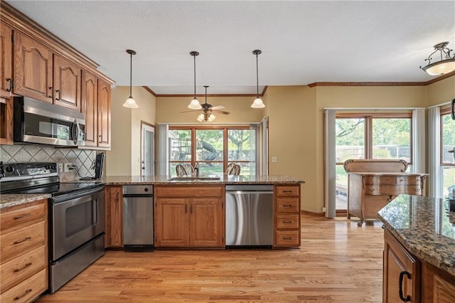 508 Ambersham Dr, Lees Summit, MO 64081 - kitchen with appliances with stainless steel finishes, light wood finished floors, a peninsula, plenty of natural light, and crown molding
