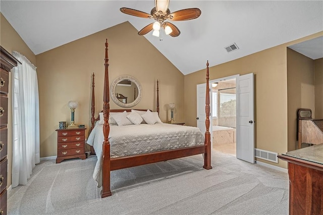 508 Ambersham Dr, Lees Summit, MO 64081 - bedroom with light colored carpet, vaulted ceiling, connected bathroom, and ceiling fan