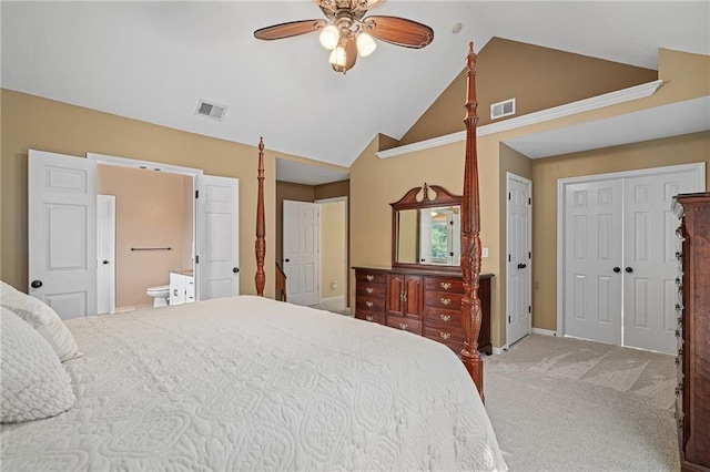 508 Ambersham Dr, Lees Summit, MO 64081 - bedroom featuring high vaulted ceiling, carpet, ensuite bathroom, and a ceiling fan