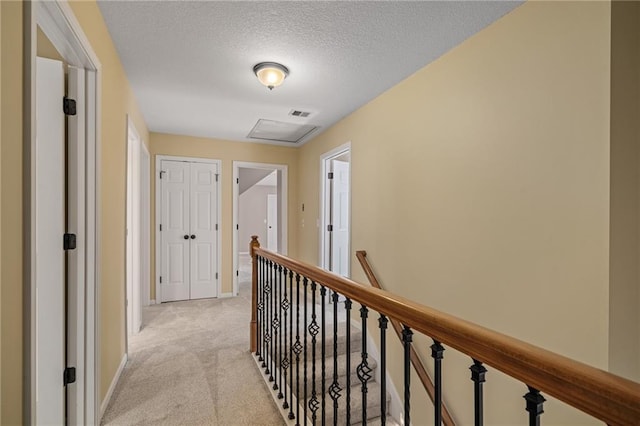 508 Ambersham Dr, Lees Summit, MO 64081 - hallway featuring an upstairs landing, light colored carpet, and a textured ceiling