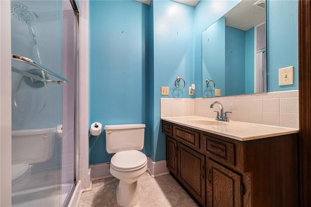 6319 Acuff St, Shawnee, KS 66216 - bathroom with vanity, decorative backsplash, a shower stall, and tile patterned floors