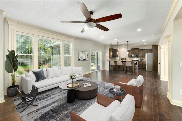 28617 W 162nd Ter, Gardner, KS 66030 - living room featuring ceiling fan, dark wood finished floors, crown molding, a textured ceiling, and recessed lighting