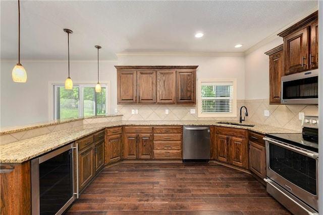 28617 W 162nd Ter, Gardner, KS 66030 - kitchen featuring appliances with stainless steel finishes, wine cooler, a peninsula, dark wood-style floors, and light stone countertops