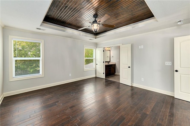 28617 W 162nd Ter, Gardner, KS 66030 - unfurnished bedroom featuring a tray ceiling, wooden ceiling, crown molding, hardwood / wood-style floors, and ensuite bath