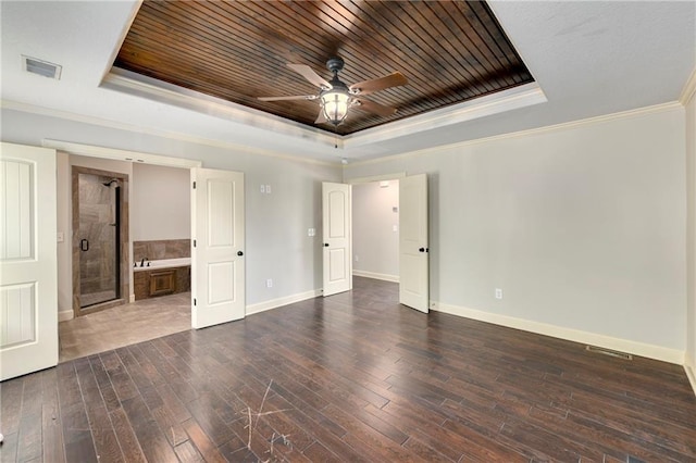 28617 W 162nd Ter, Gardner, KS 66030 - unfurnished bedroom featuring a raised ceiling, crown molding, dark wood finished floors, wood ceiling, and ensuite bath
